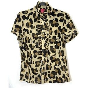 Sunny Leigh Leopard Print Sheer Ruffle Neck Top Blouse Womens Size L
